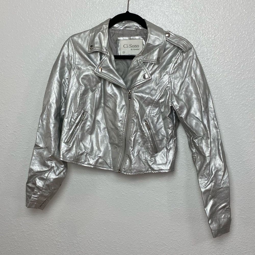 Ci Sono Faux Leather Moto Jacket silver size medium metallic shiny